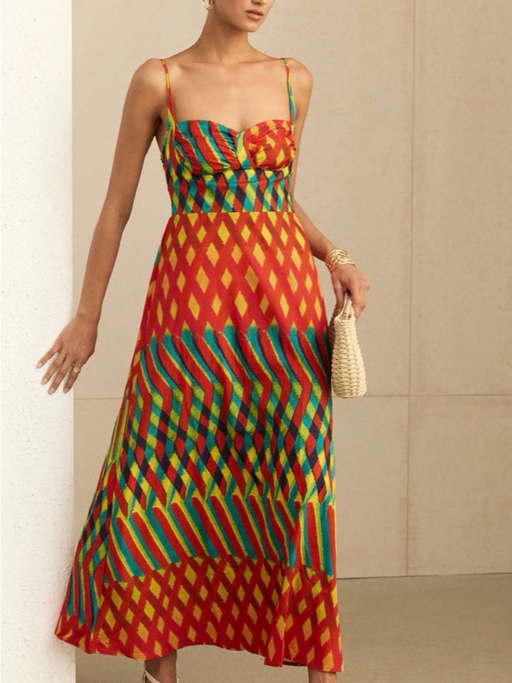 Vibrant Multicolor Diamond-Print Spaghetti Strap Dress